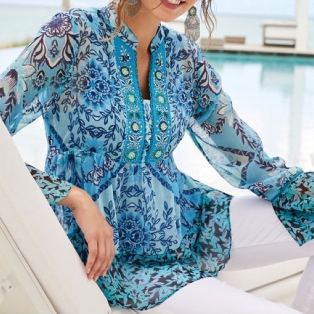 SOFT SURROUNDINGS Oasis Tunic Multicolor Floral Print Boho Embroidered Sz L